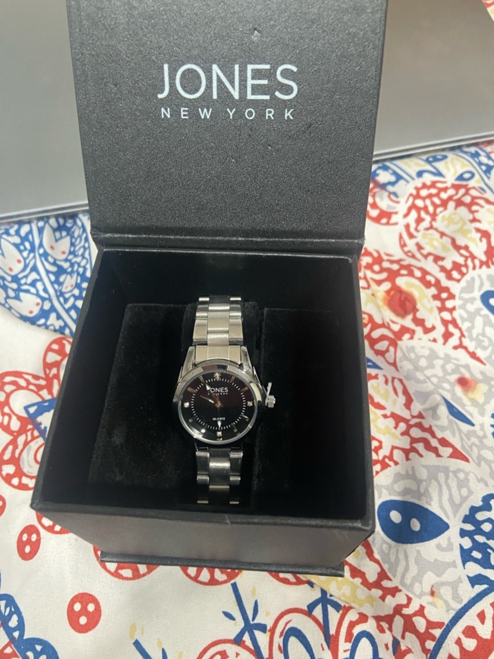 Jones New York Silver-Tone Bracelet Watch with Black Dial